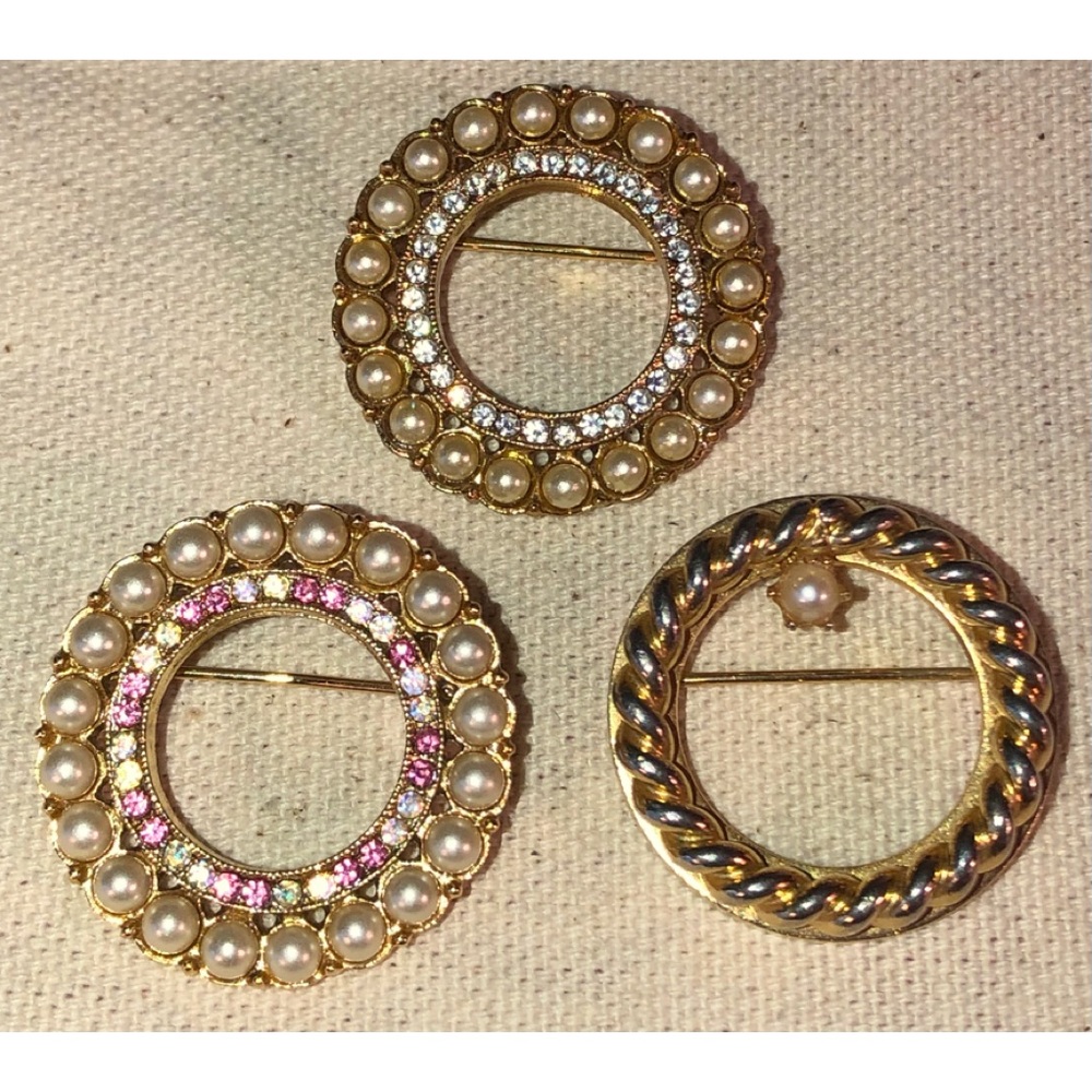 3 Vintage Pave Paste Crystal & Pearl Circle Gold Tone Brooches